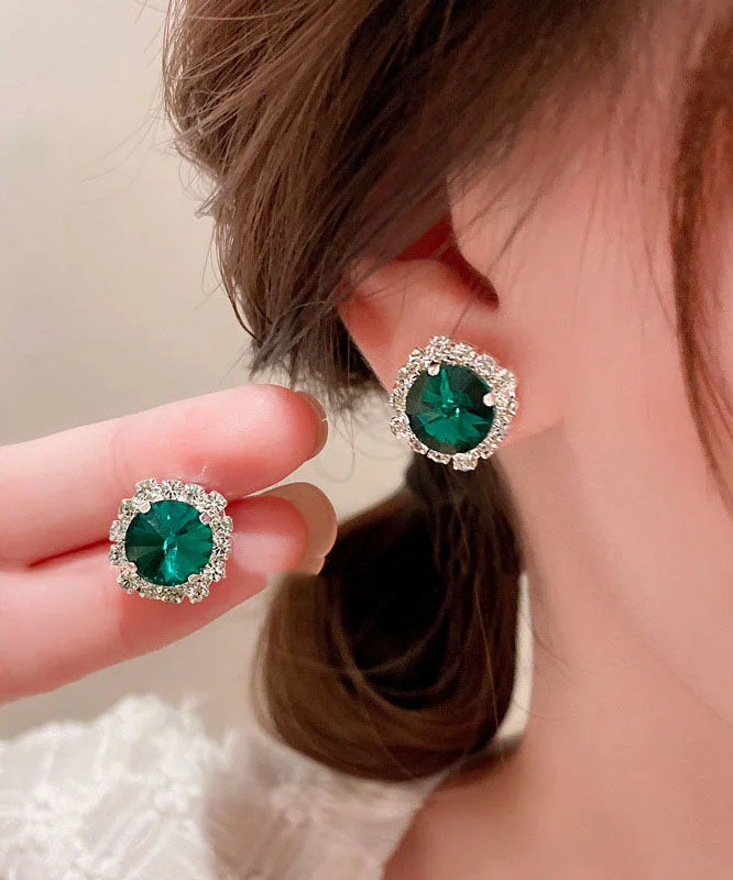 Simple Emerald Green Copper Zircon Crystal Square Stud Earrings