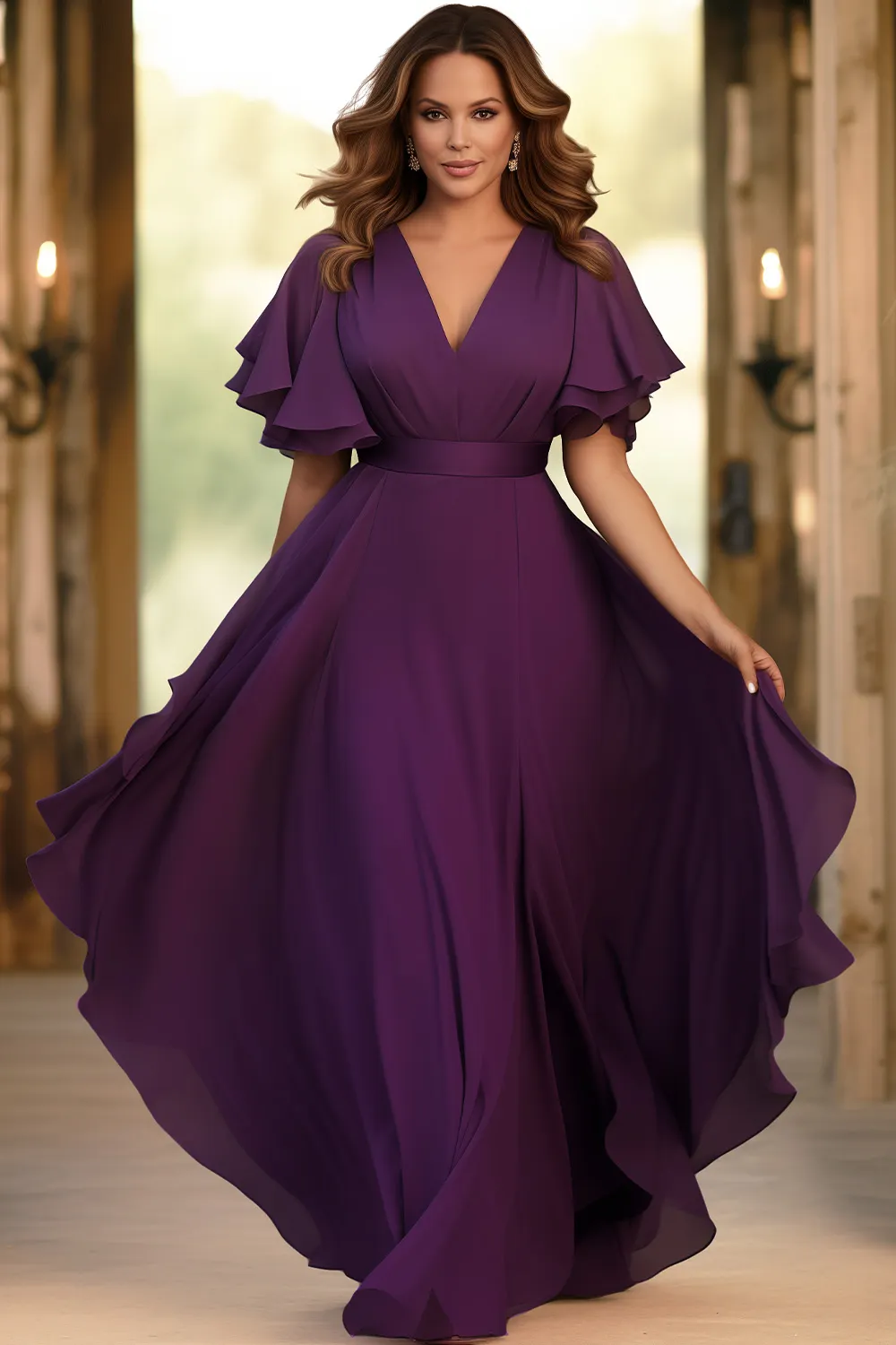 Flycurvy Plus Size Wedding Guest Grape Chiffon Flutter Sleeve Tunic Maxi  Dress- Flycurvy