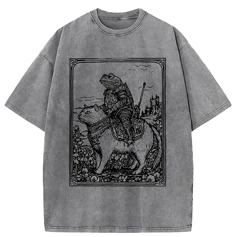 Frog Knight Riding A Cat Washed T-shirt artswardrobe