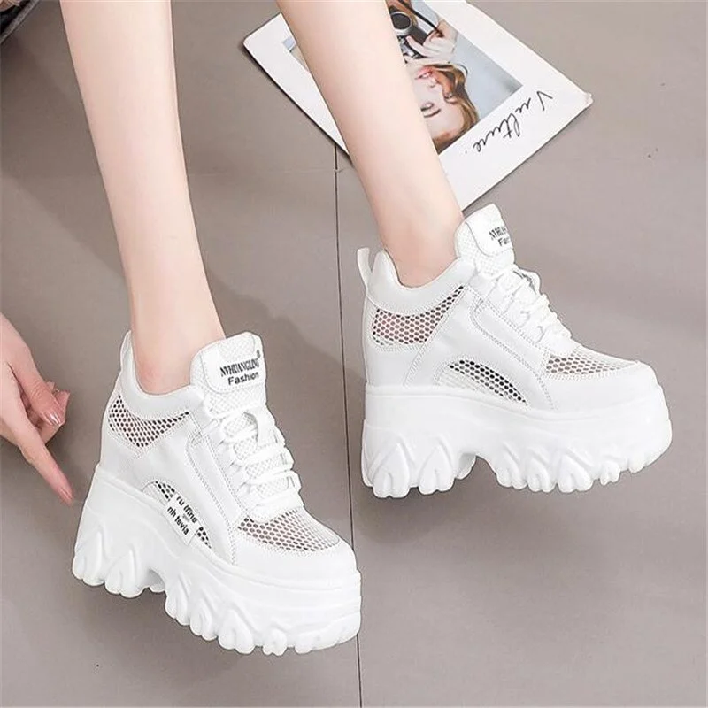 Qengg Women Platform Vulcanized Shoes Fashion Breathable Thick Bottom High Top Chunky Sneakers Women Basket Femme