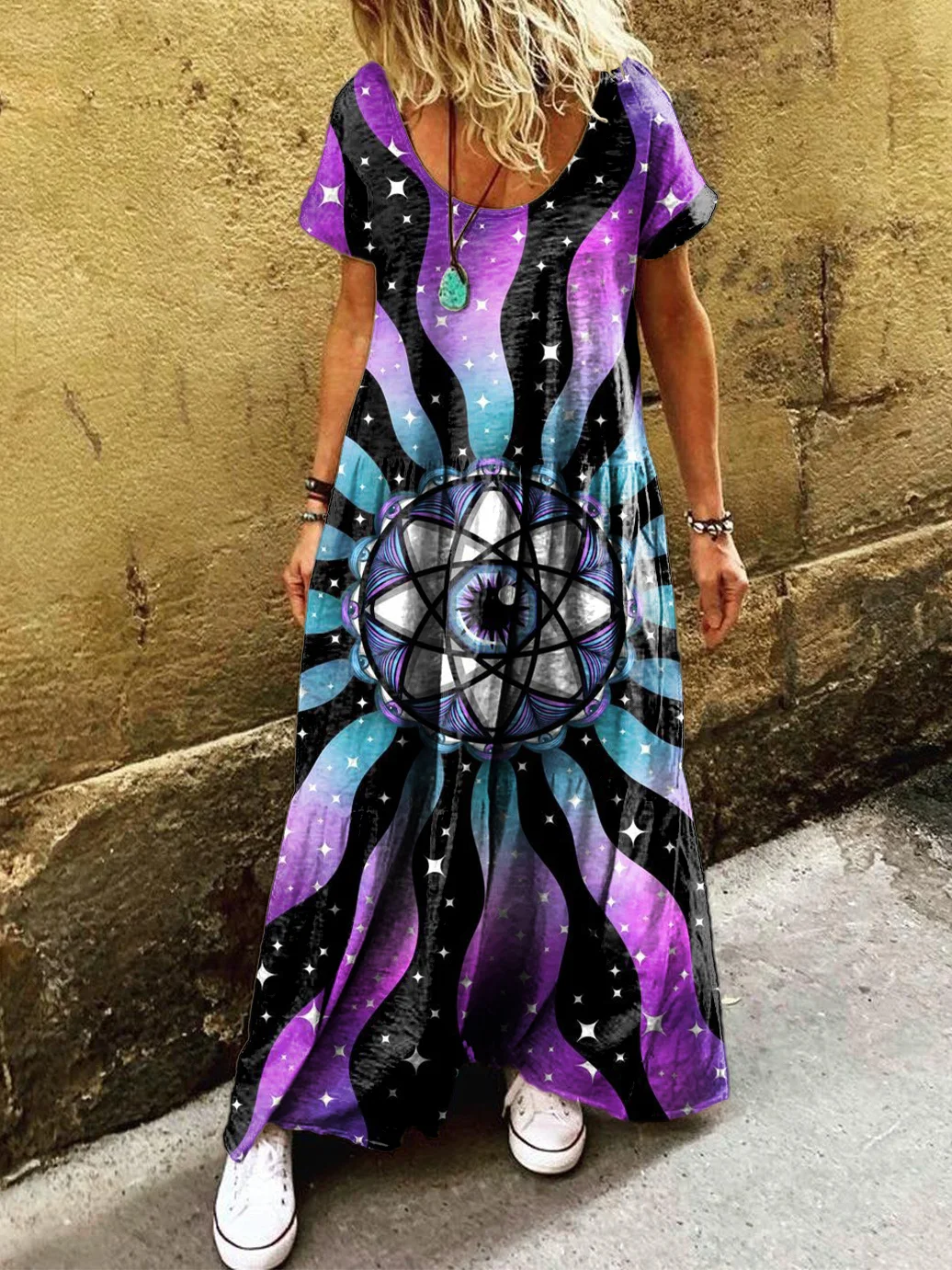 Women's Hippie Art Print Pocket Short Sleeve Cotton Dress