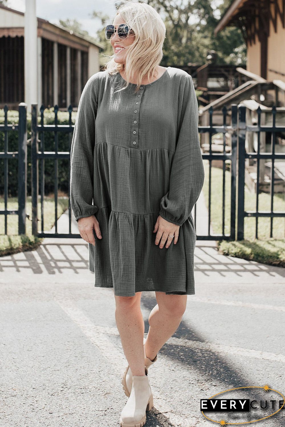 Plus Size Buttoned Long Sleeve Tiered Dress