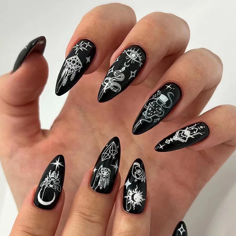 Bonusbuk 24Pcs French Fake Nails With Green Leaf Print Design Long Stiletto False Nail Wearabe Almond Press on Nails Full Cover Nail Tips