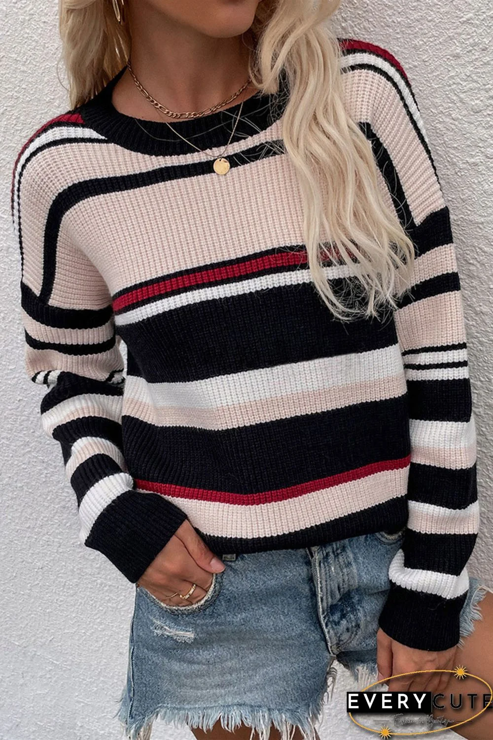 Black Knitted Crew Neck Striped Color Block Sweater