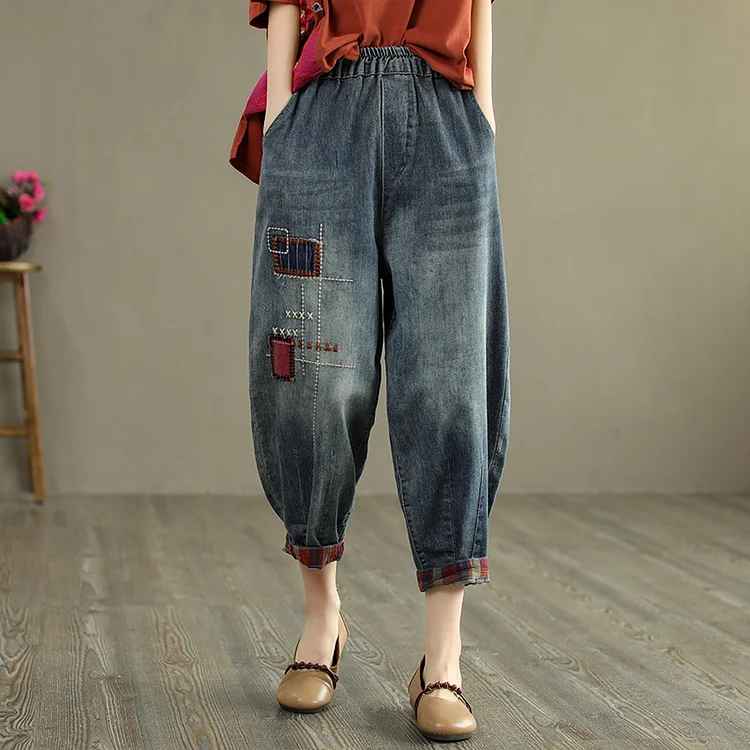 Vintage Embroidered Washed Casual Jeans - yankia