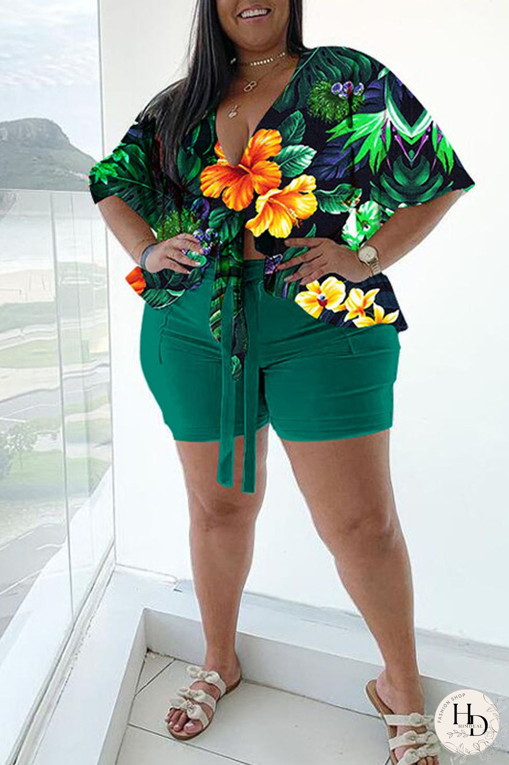 Blue Casual Print Bandage Split Joint V Neck Plus Size Two Pieces