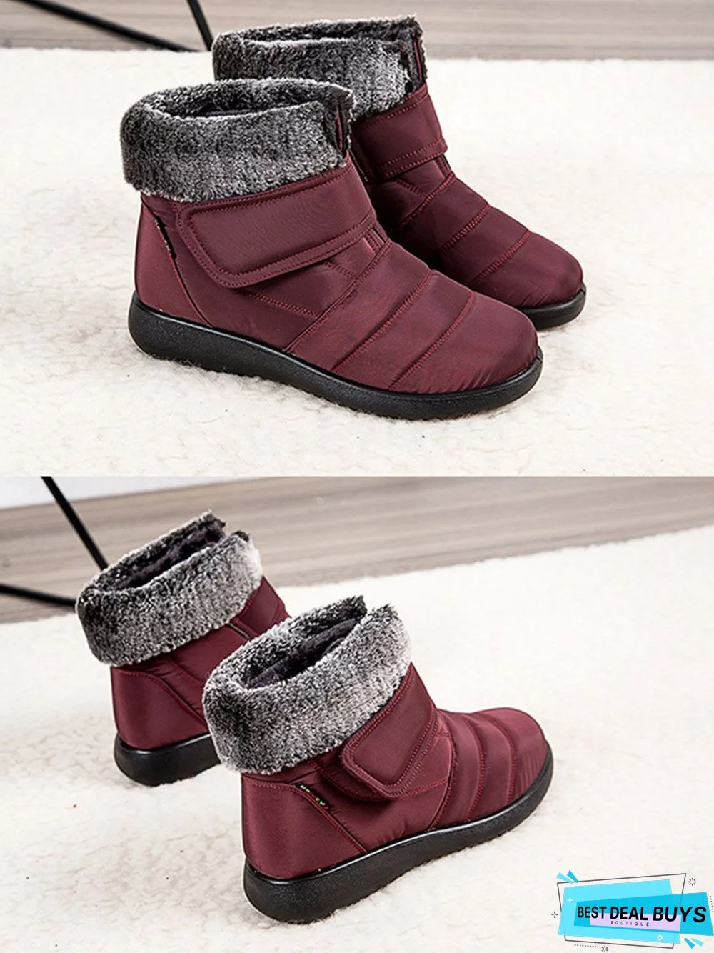 Faux Fur Cuff Snow Boots with Hook and Loop