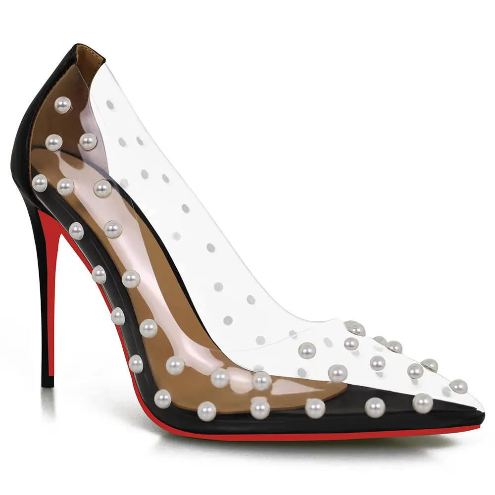 100mm Women's Pumps Pointed Toe Women High Heel Shoes Fashion Pearl Studded PVC Clear Heels Party Dress Red Bottom Shoes-vocosishoes