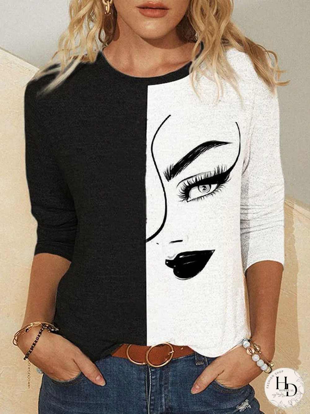 Printed Long Sleeve Crew Neck Casual T-shirt