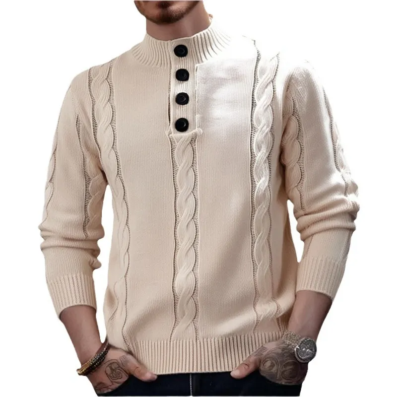 Uveng Uveng And Autumn New Men's Button-Collar Knitted Knitted Casual Collar Silk Silken Silken Silken Hooded Sweater SY0017