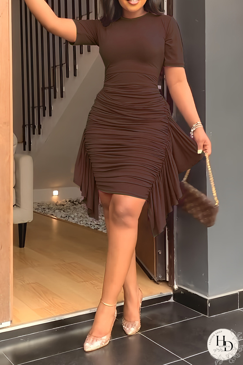 Sky Blue Fashion Solid Flounce Fold O Neck Pencil Skirt Dresses