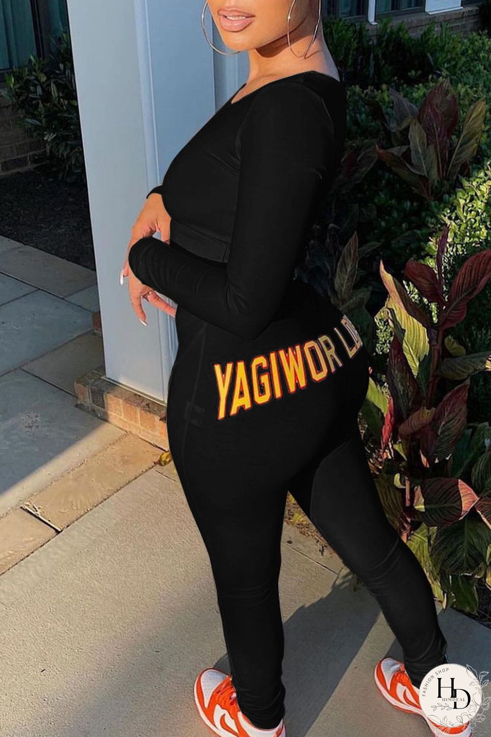 Black Sexy Print Bandage Hollowed Out Split Joint O Neck Long Sleeve Two Pieces