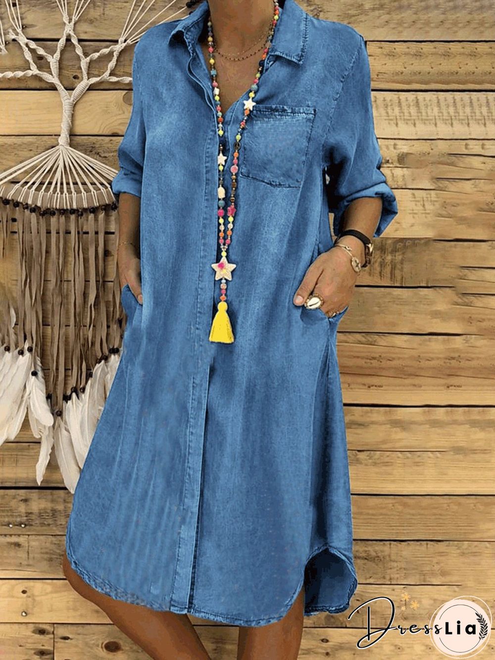 Casual Solid Loosen Denim Long sleeve Dresses