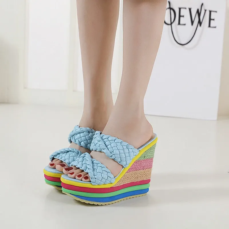 2021 Summer New Platform Wedge Sandals For Women's With Rainbow Color Weave Fish Mouth High Heels