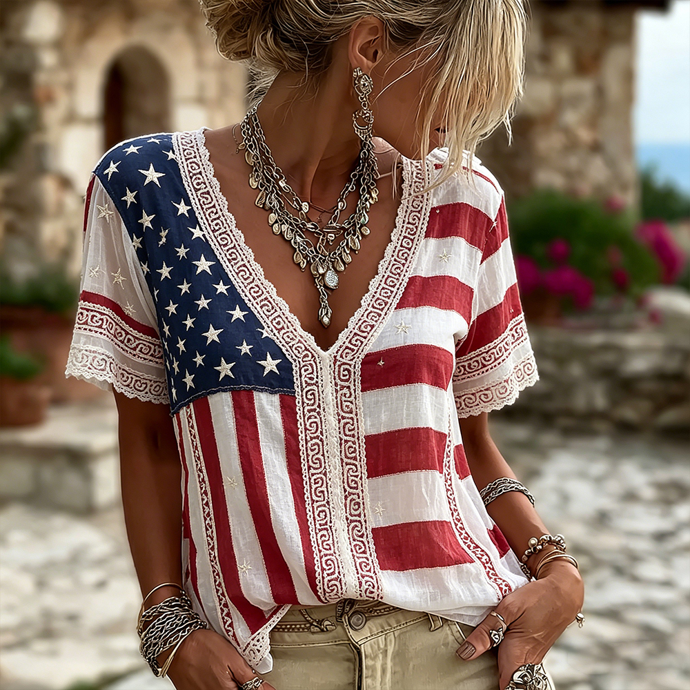  Women's Deconstructed Art Embroidery Casual V-neck Short Sleeve Top Westsshops