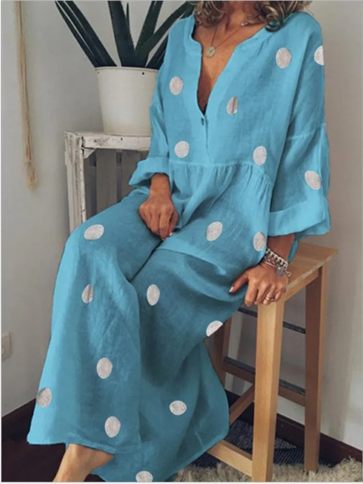 Deep V Neck Dot Printed Maxi Dress Summer Loose Casual Long Dress