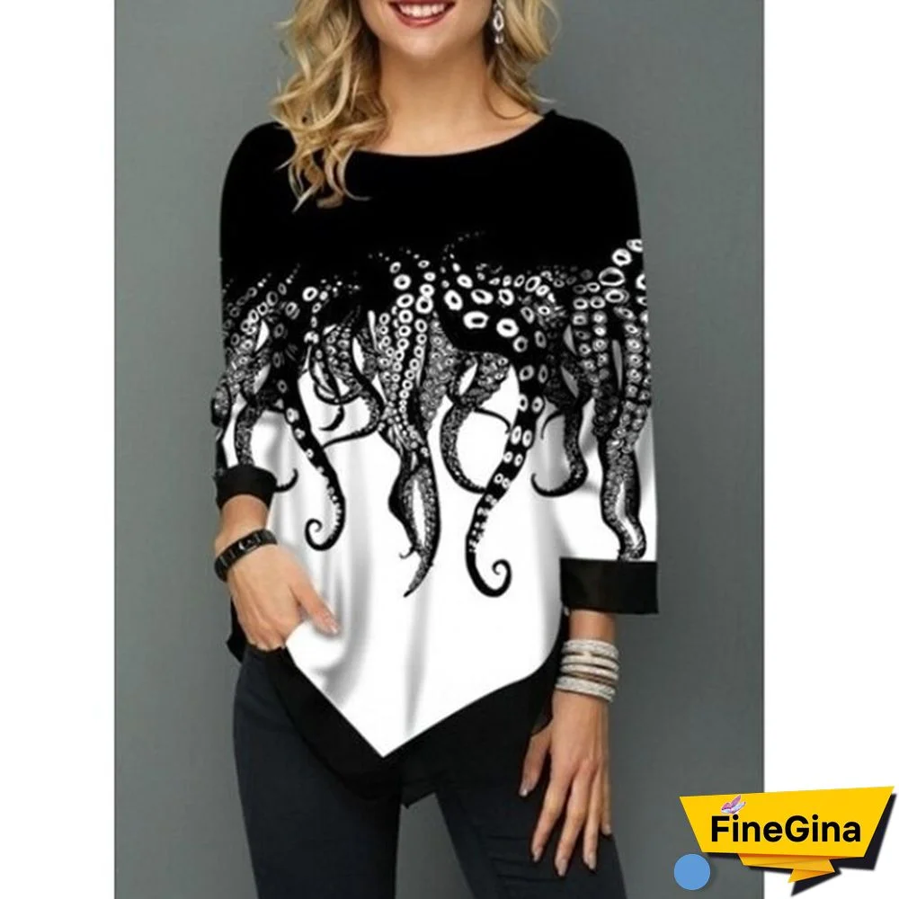 Women Clothing Fashion Casual Loose Pullovers Tee Shirt Femme Tops Spring Summer 3/4 Sleeve Print T-Shirts