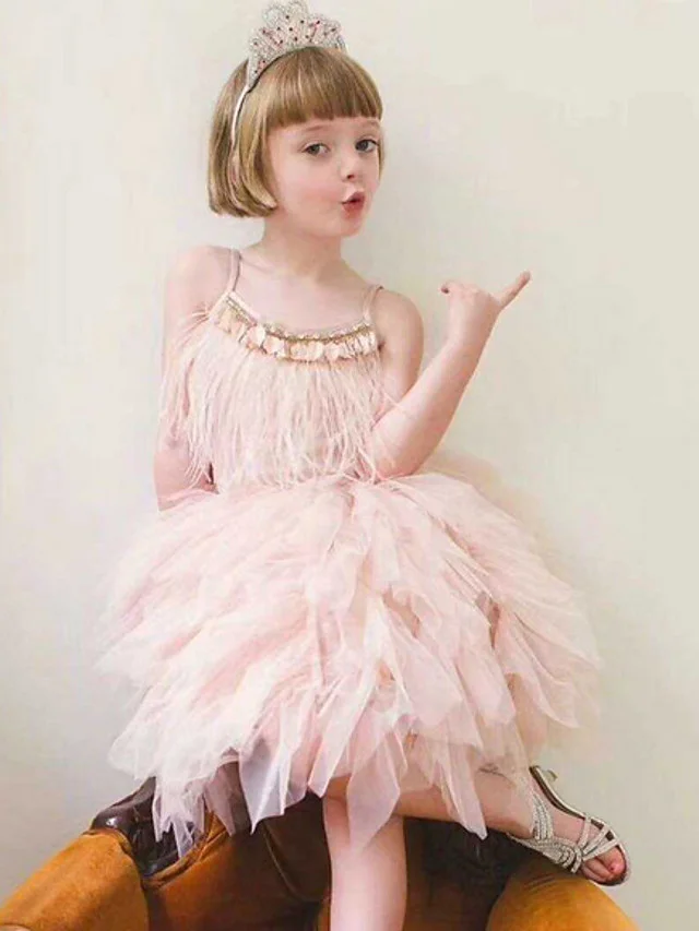 Bellasprom Sleeveless Spaghetti Strap Ball Gown Asymmetrical Flower Girl Dress With Beading  Paillette