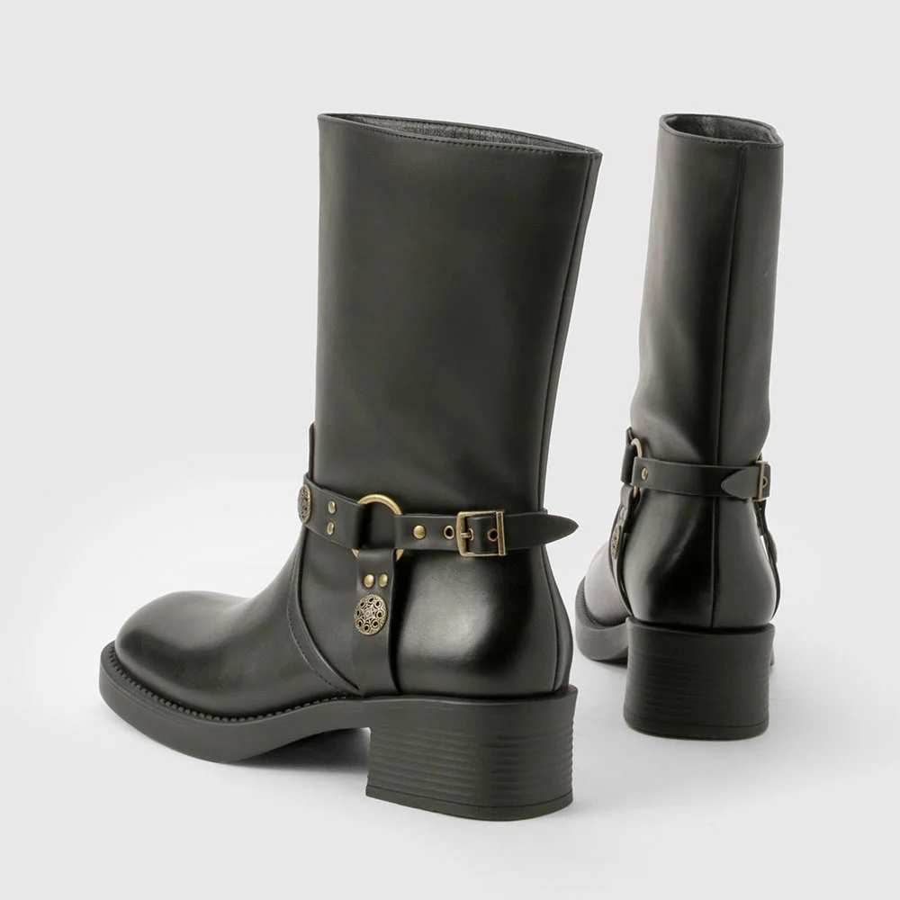 Black Square Toe Studded Block Heel Mid Calf Boots for Women