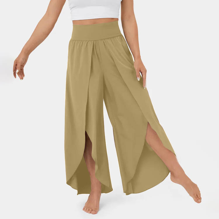 Mature Women Loose Split Yoga Pants Summer Elastic High Waist Wide Leg Trousers