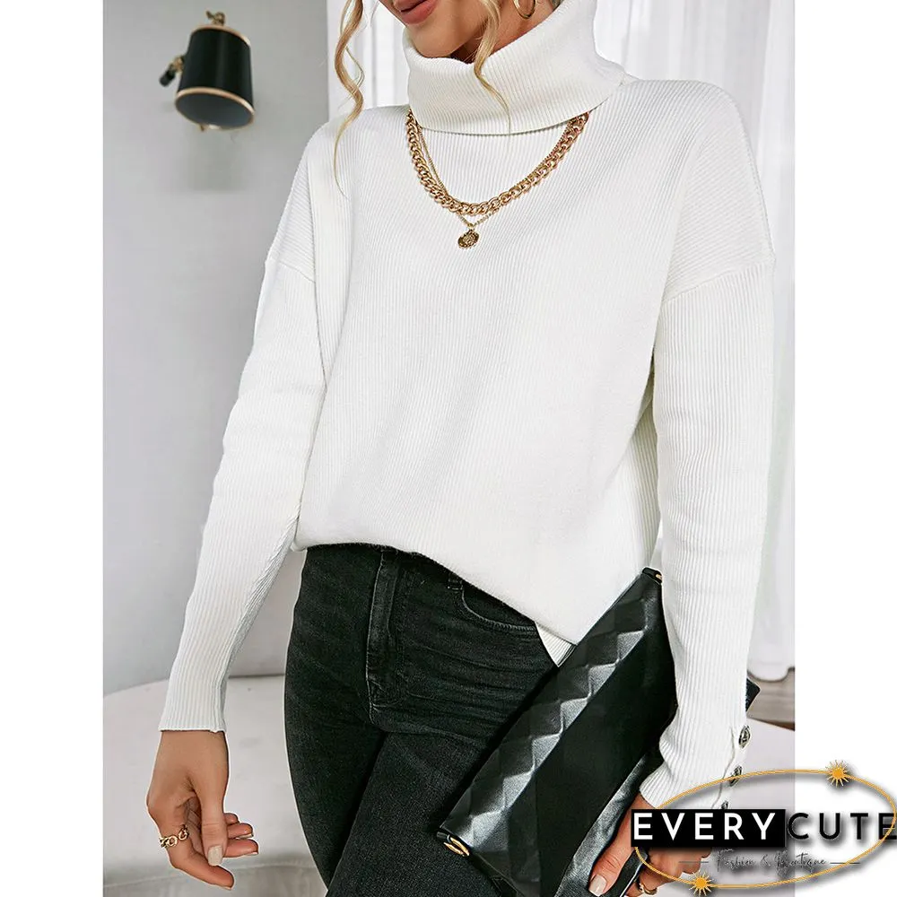 White Turtleneck Button Cuff Long Sleeve Knit Sweater
