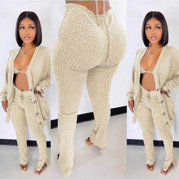 Budgetg Adogirl Women Solid Sweater 3 Piece Set Lace Up Bra Top Full Sleeve Single Breasted Long Cardigan Split Flare Pants Knitted Suit