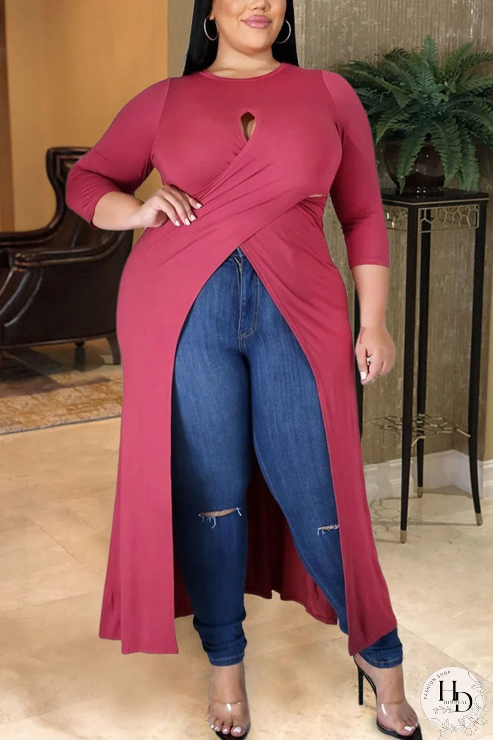 Red Sexy Solid Hollowed Out Slit O Neck Plus Size