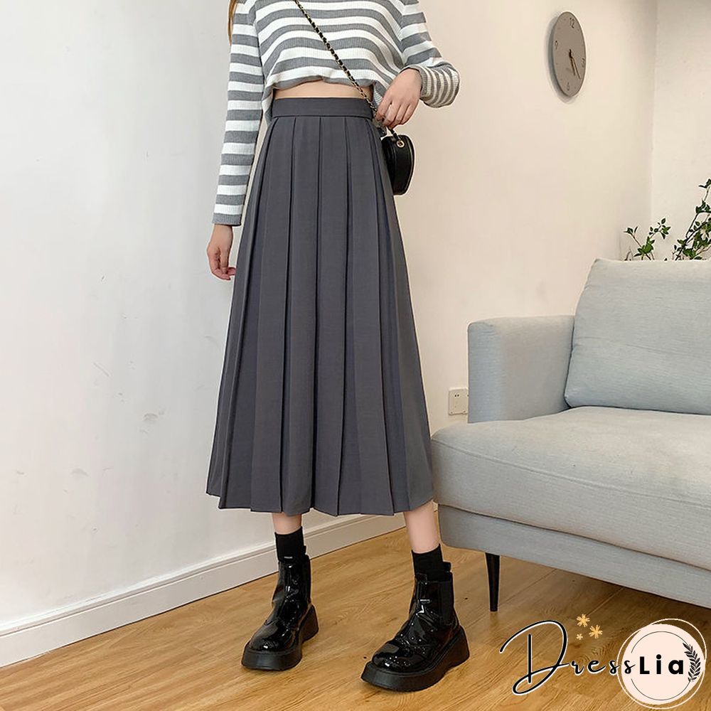 Vintage Pleated Midi Skirt Fashion High Waist Gothic Skirt Women Spring Casual Korean A-line Elastic Solid All-match Skirt New