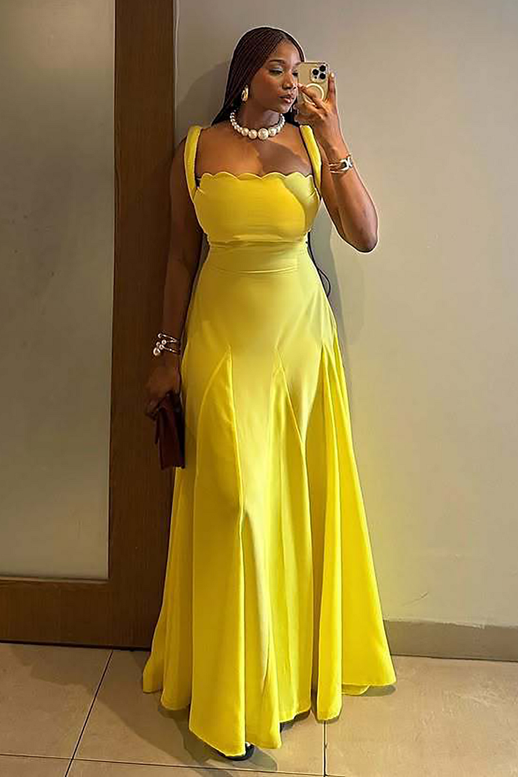Wavy Neckline Solid Color A-Line Slip Maxi Dresses-Yellow