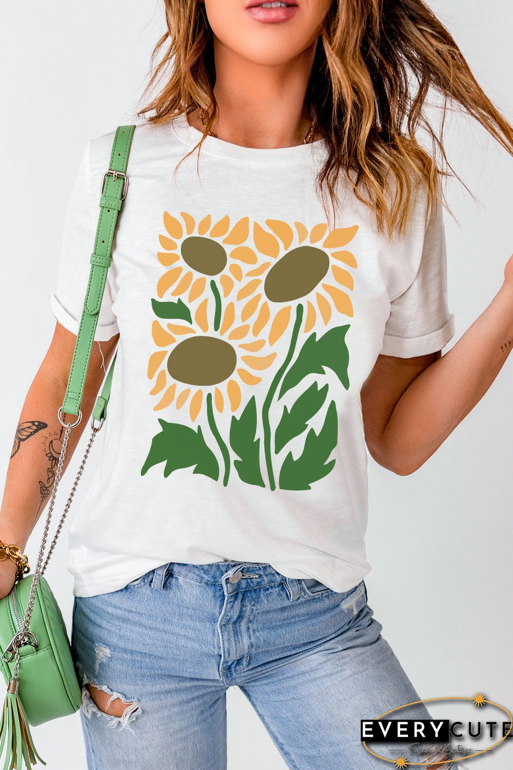 White Sunflower Graphic Print Crew Neck T Shirt
