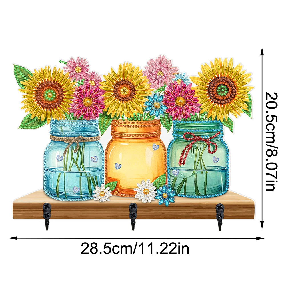 5D DIY Sunflower Vase Diamond Art Hooks Rhinestone Painting Coat Hook