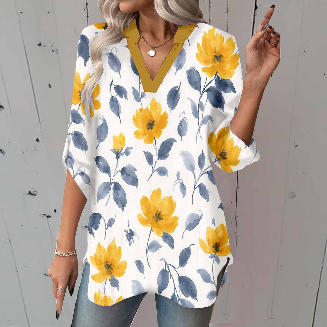 Women Floral, Yellow, Blue DZGA0337 3/4 Sleeve V-neck Printed Graphic Button Tops