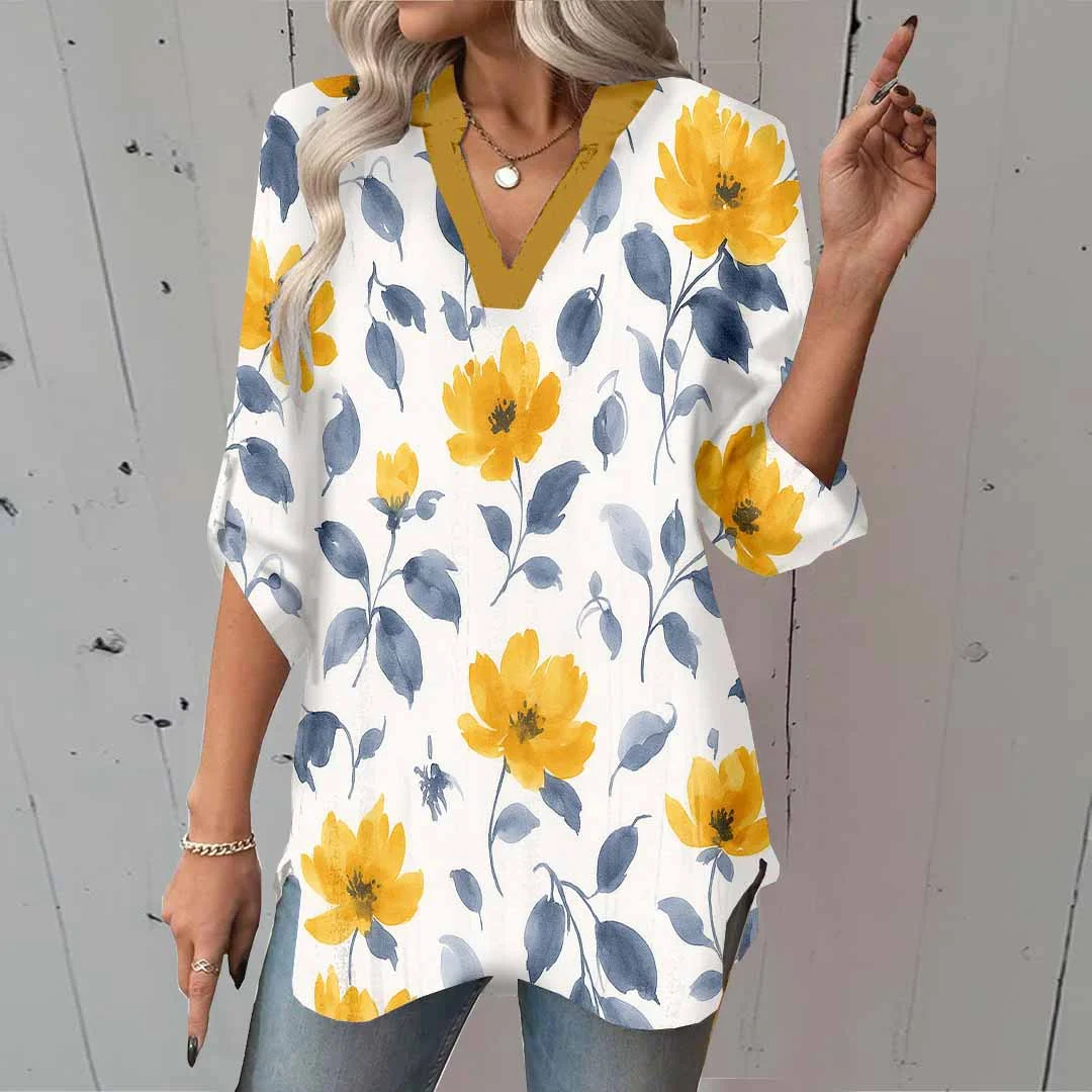 Women Floral, Yellow, Blue DZGA0337 3/4 Sleeve V-neck Printed Graphic Button Tops