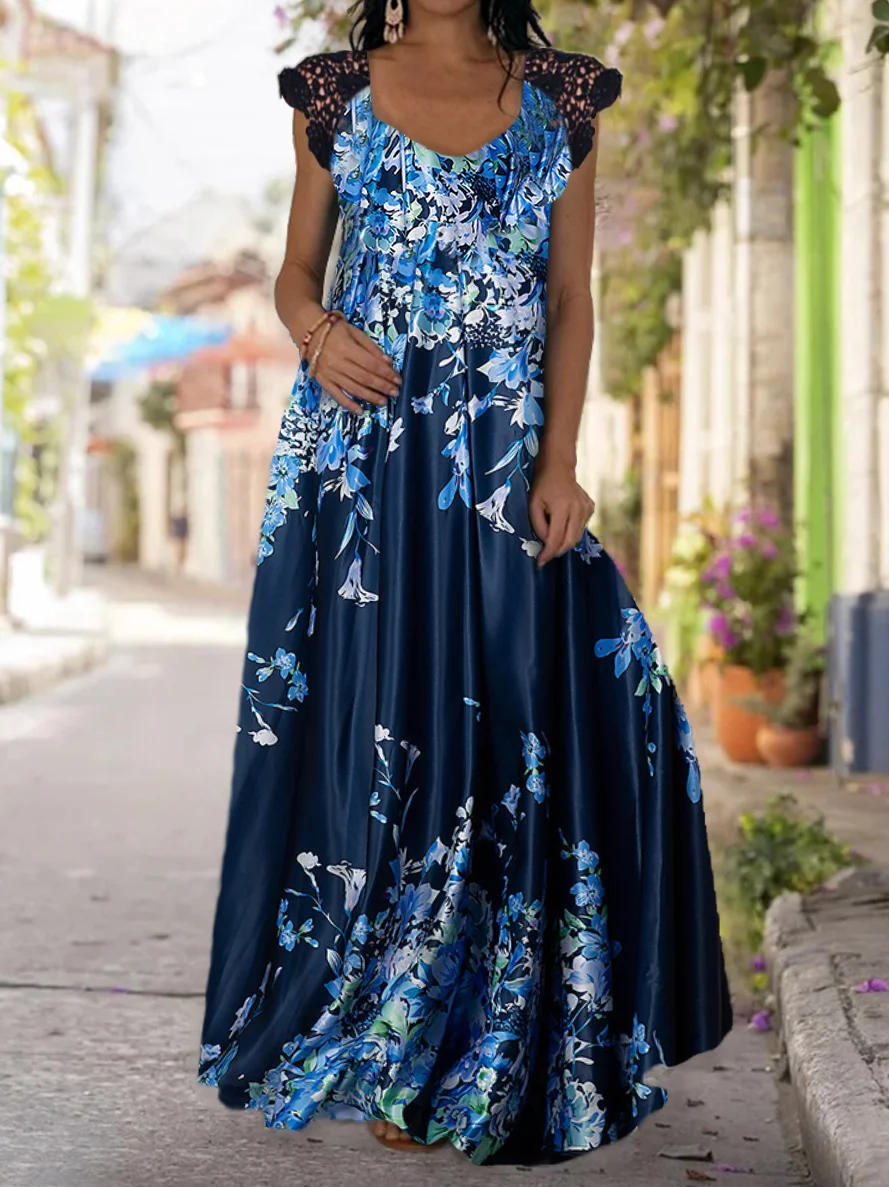 Plus Notched Neck Guipure Lace Trim Floral Dress