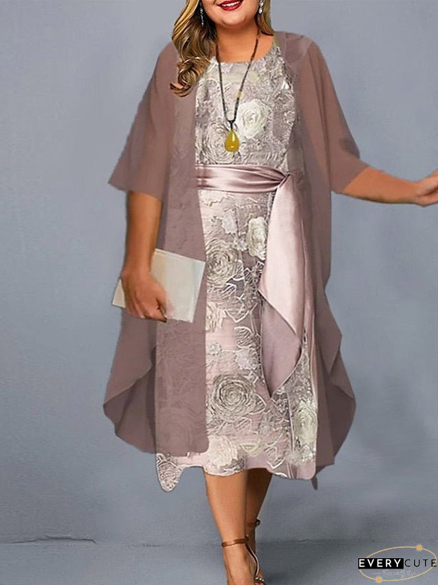 Women's Dress - Plus Size Casual Dress Dress Set Two Piece Dress Floral Midi Dress 3/4 Length Sleeve Crew Neck Fashion Daily Pink Wine Summer Spring L XL XXL 3XL 4XL