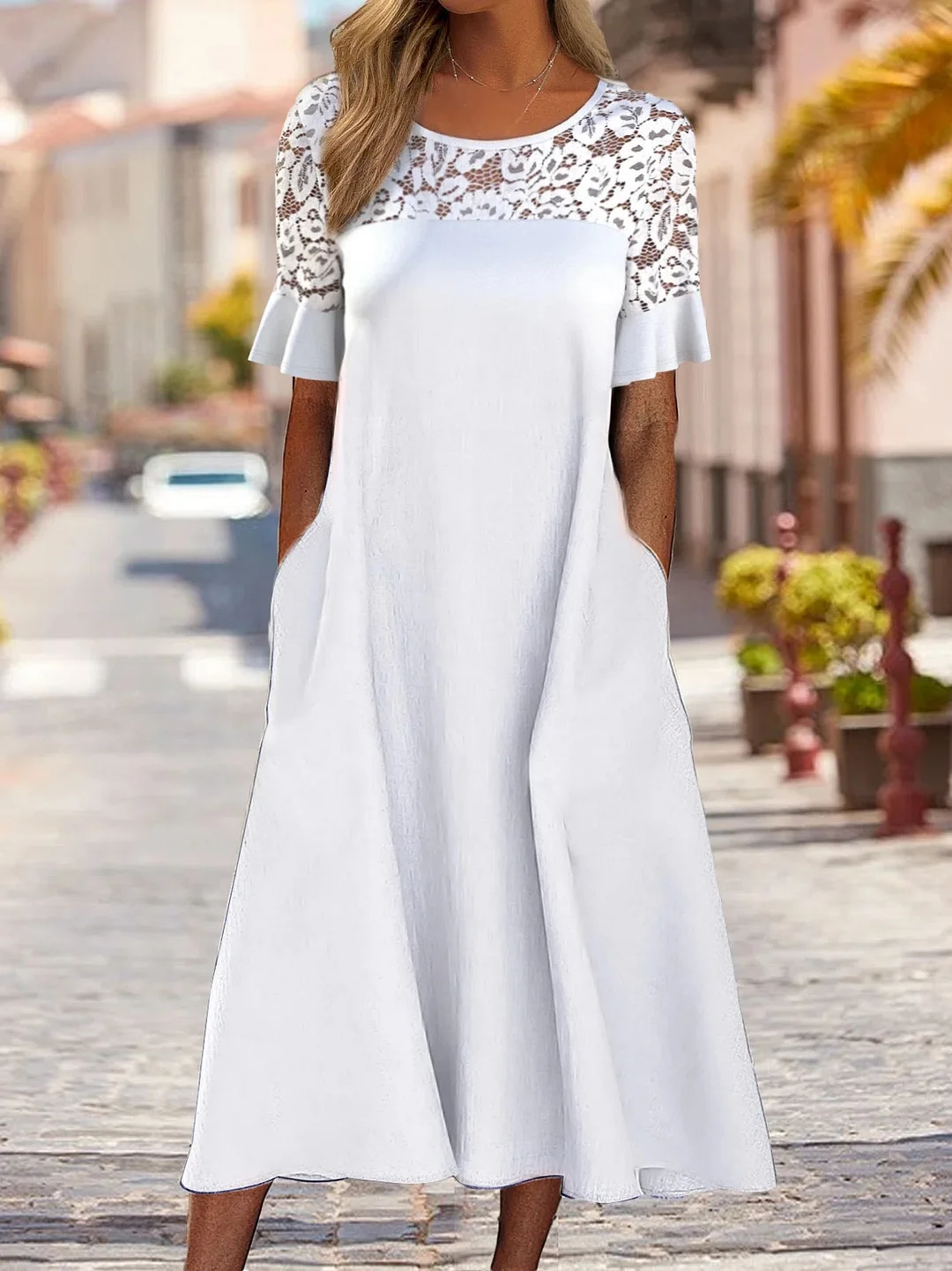 Women's White Short Sleeve Scoop Neck Lace Midi Dress