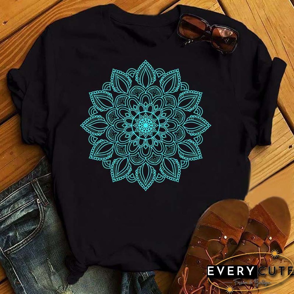 Maycaur New Mandala Floral Printed T Shirt Women Casual Fashion T-shirt Loose Short Sleeve 90s Girls Aesthetics Black Tshirt Top