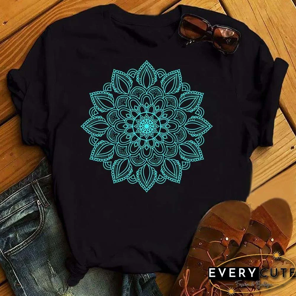 Maycaur New Mandala Floral Printed T Shirt Women Casual Fashion T-shirt Loose Short Sleeve 90s Girls Aesthetics Black Tshirt Top