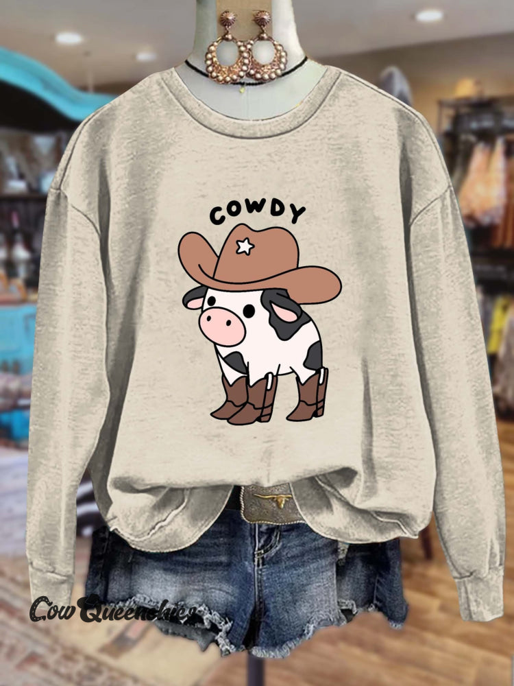 Cowdy Cow Print Casual Sweatshirt Beige / S