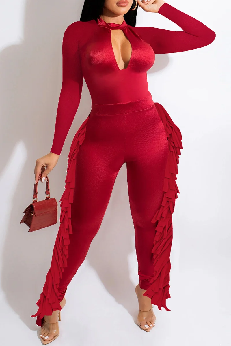 Red Fashion Casual Solid Tassel Hollowed Out O Neck Regular Jumpsuits | EGEMISS