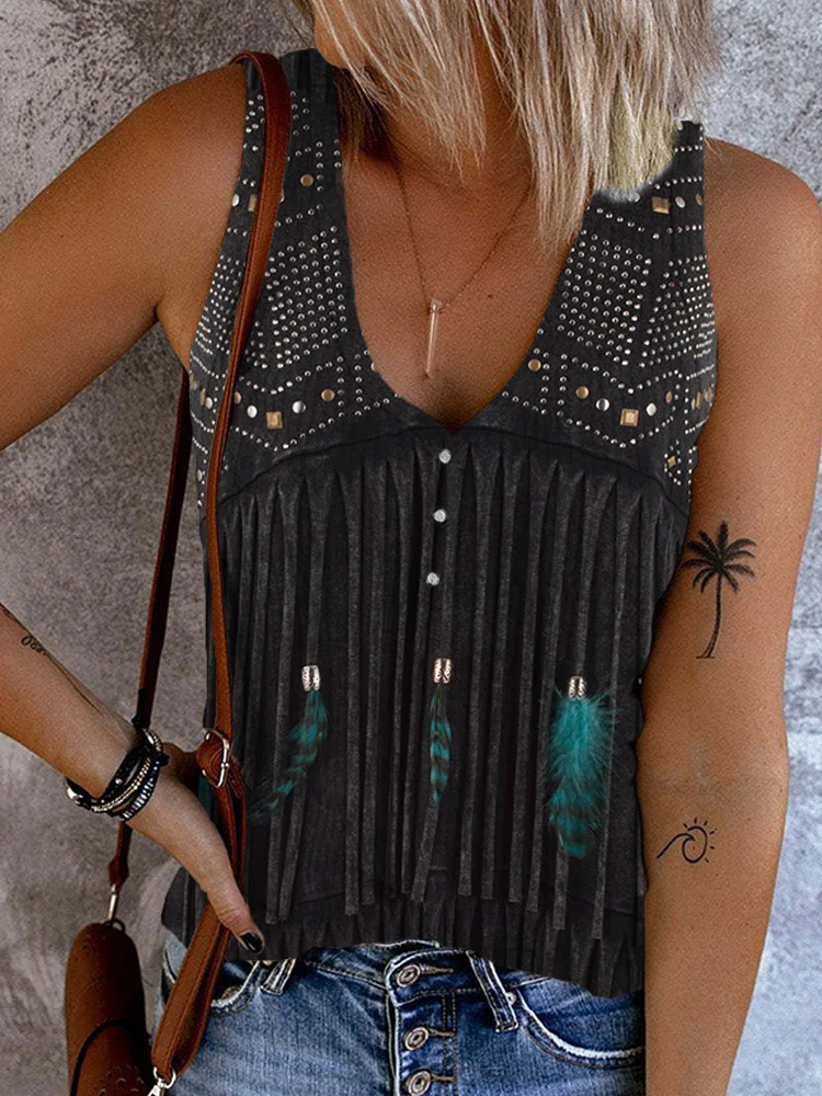 VChics Western Fringe & Feather Graphic Button Up Tank Top