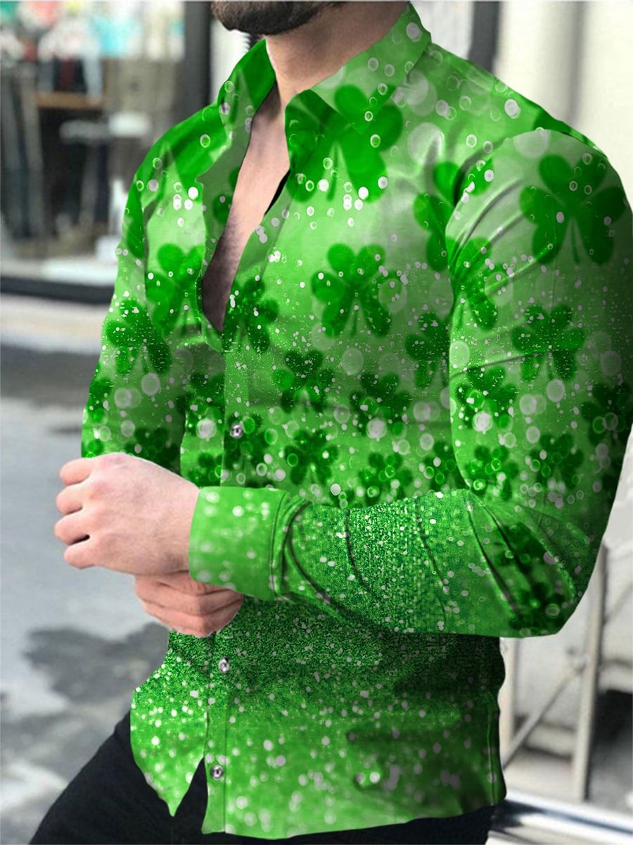 Men's St Patrick's Day Sequined Four-Leaf Clover Aperture Printed Shirt