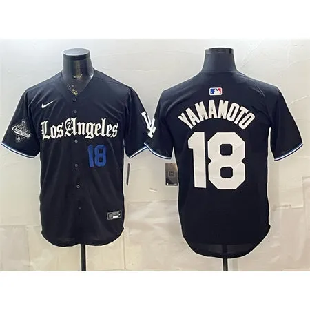 Youth Los Angeles Dodgers #18 Yoshinobu Yamamoto Black 2025 World Series Champions Patch "Gothic Edition" Vapor Premier Limited Stitched Baseball Jersey