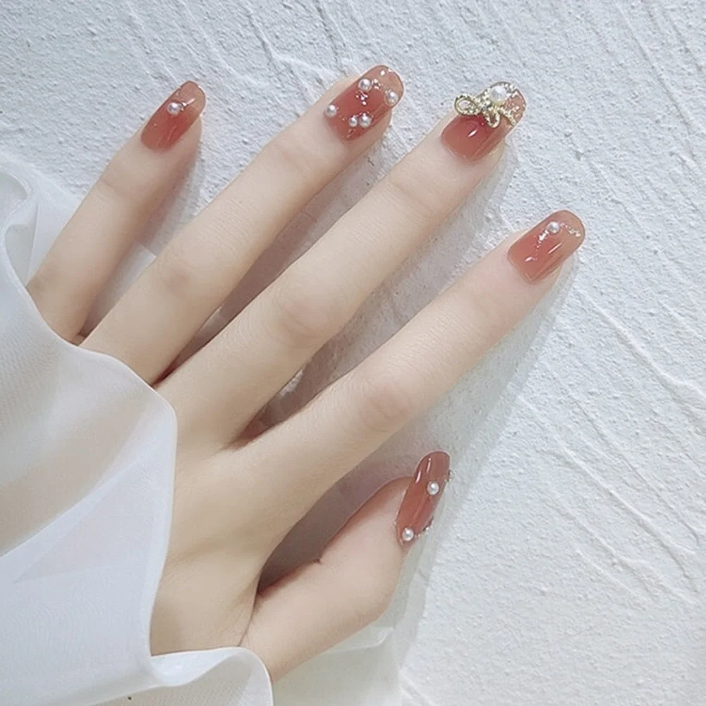 24 Pcs Nude Color nail tips Women Wearable  Fake press on Nails with Diamond Short Round Full Cover artificial nails with Glue-Nail Inspo