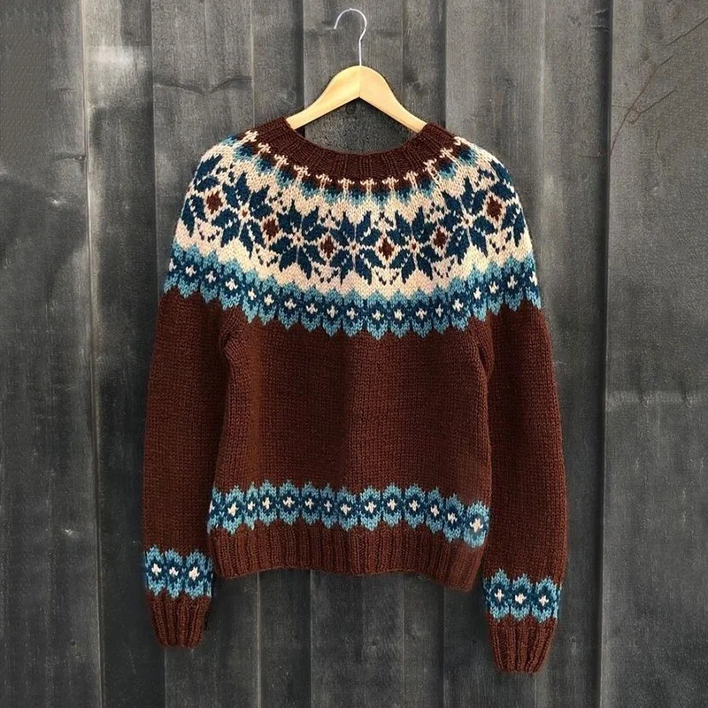 Retro Ethnic Pattern Jacquard Crew Neck Sweater