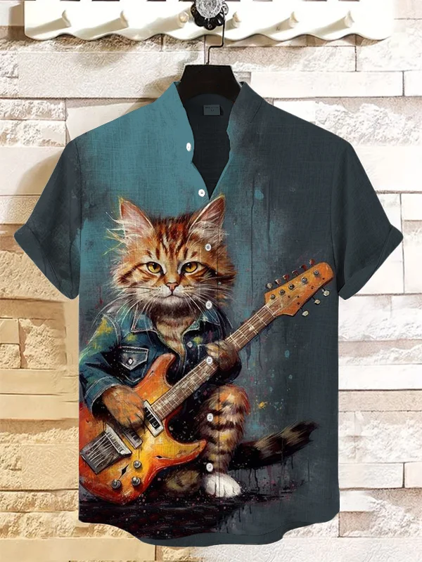 Men's Punk Rock Cat Playing Guitar Graphic Print Short Sleeve Linen Blend Shirt