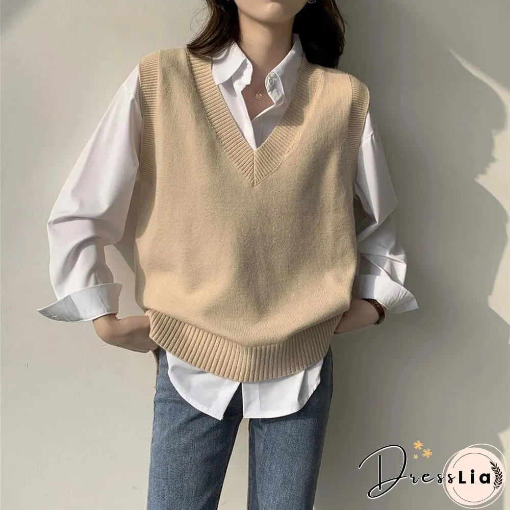 Fashion Sweater Vest Women Autumn V-neck Knit Pullover Female Solid All-match Casual