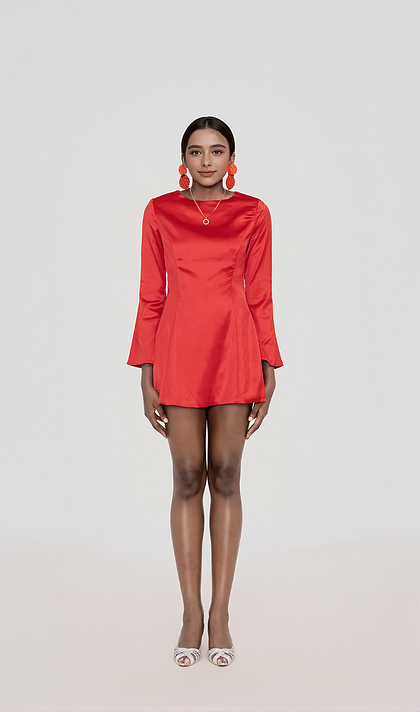 RANDA RED SATIN LONG SLEEVE MINI DRESS