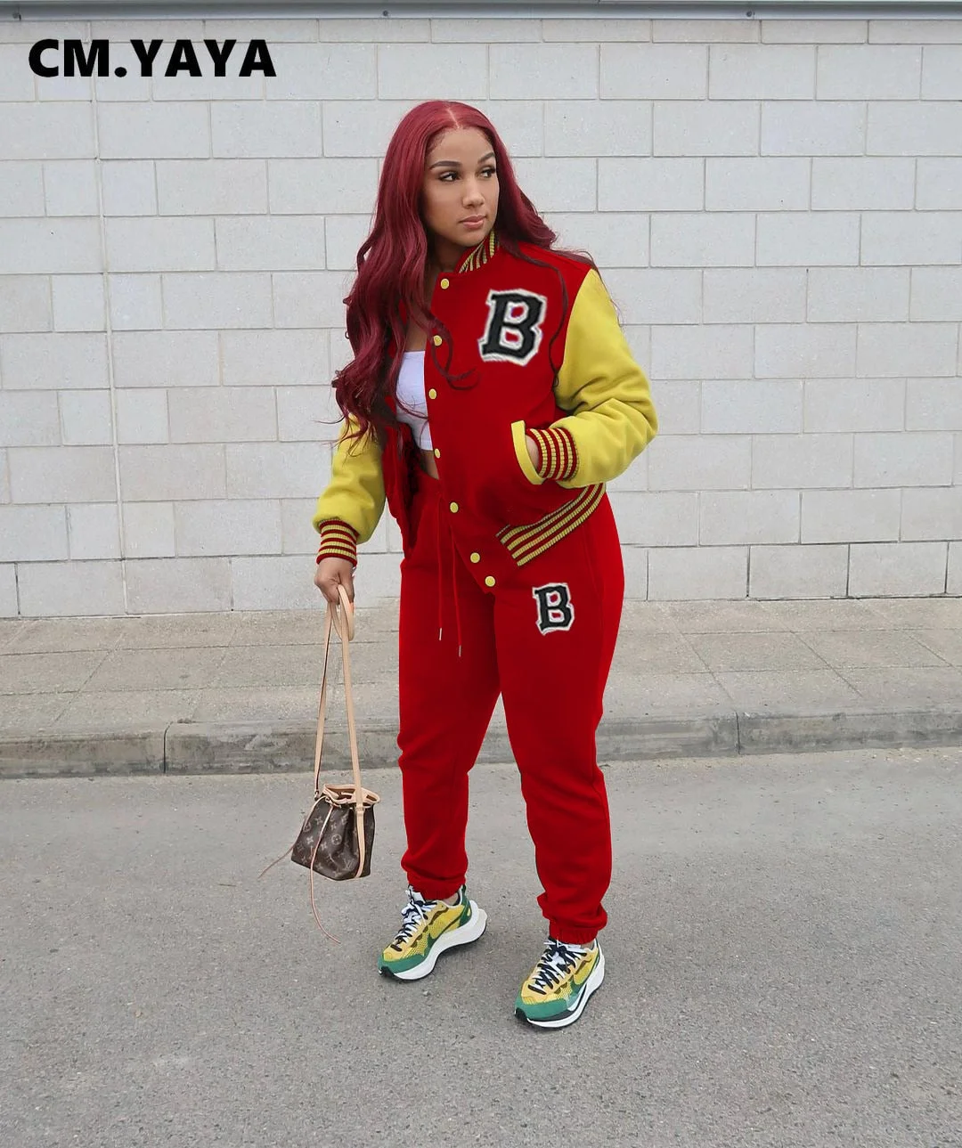 CM.YAYA Baseball Women's Set Autumn Winter Button Up Patchwork Sweatshirt and Pants Matching Two 2 Piece Set Outfits Tracksuit