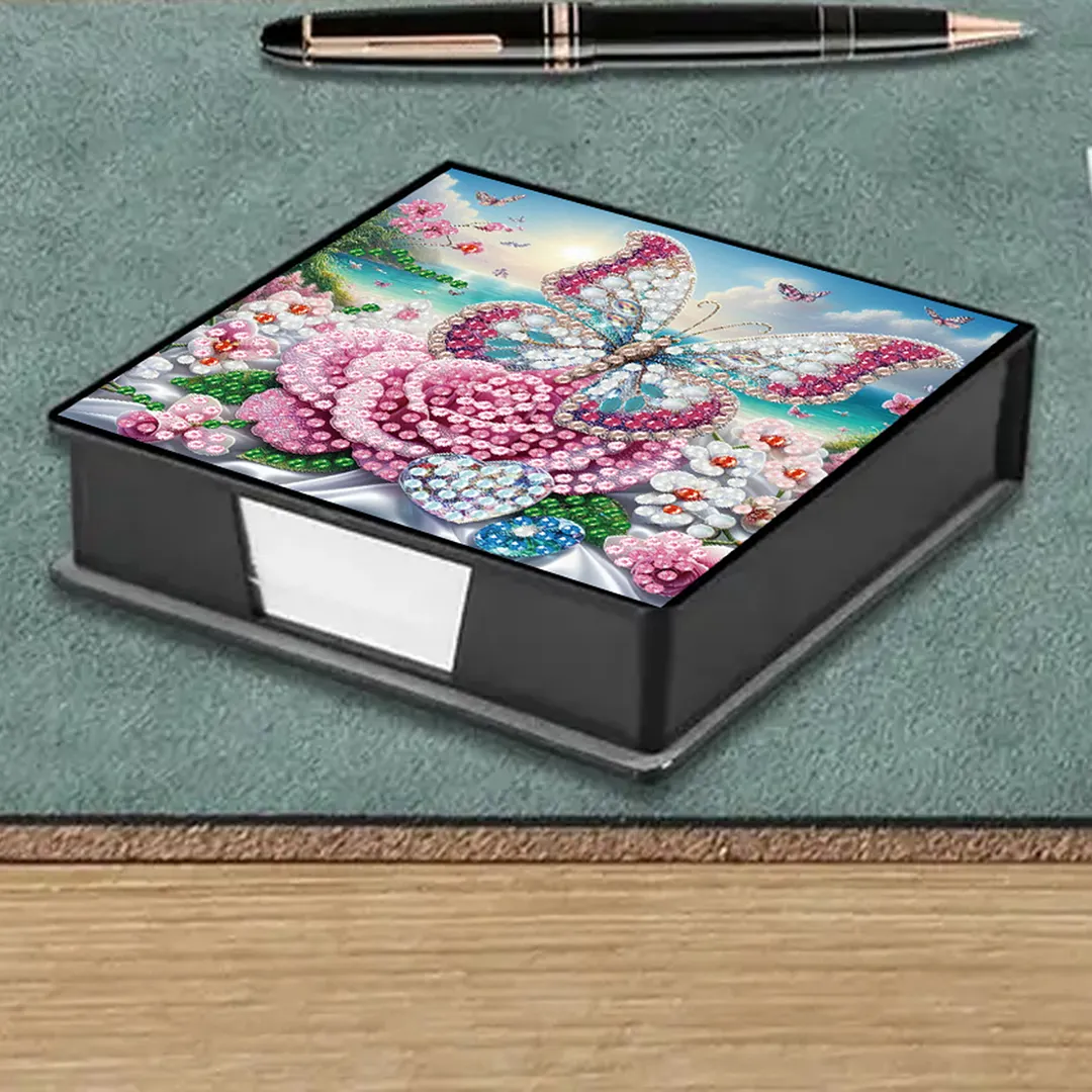 Butterfly and Flower PU DIY 5D Diamond Painting Note Box w/160 Sheets for Office
